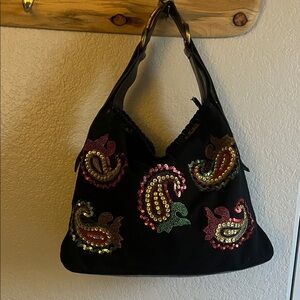 Vintage Black Vibrant Embellished Paisley Hobo Shoulder Bag